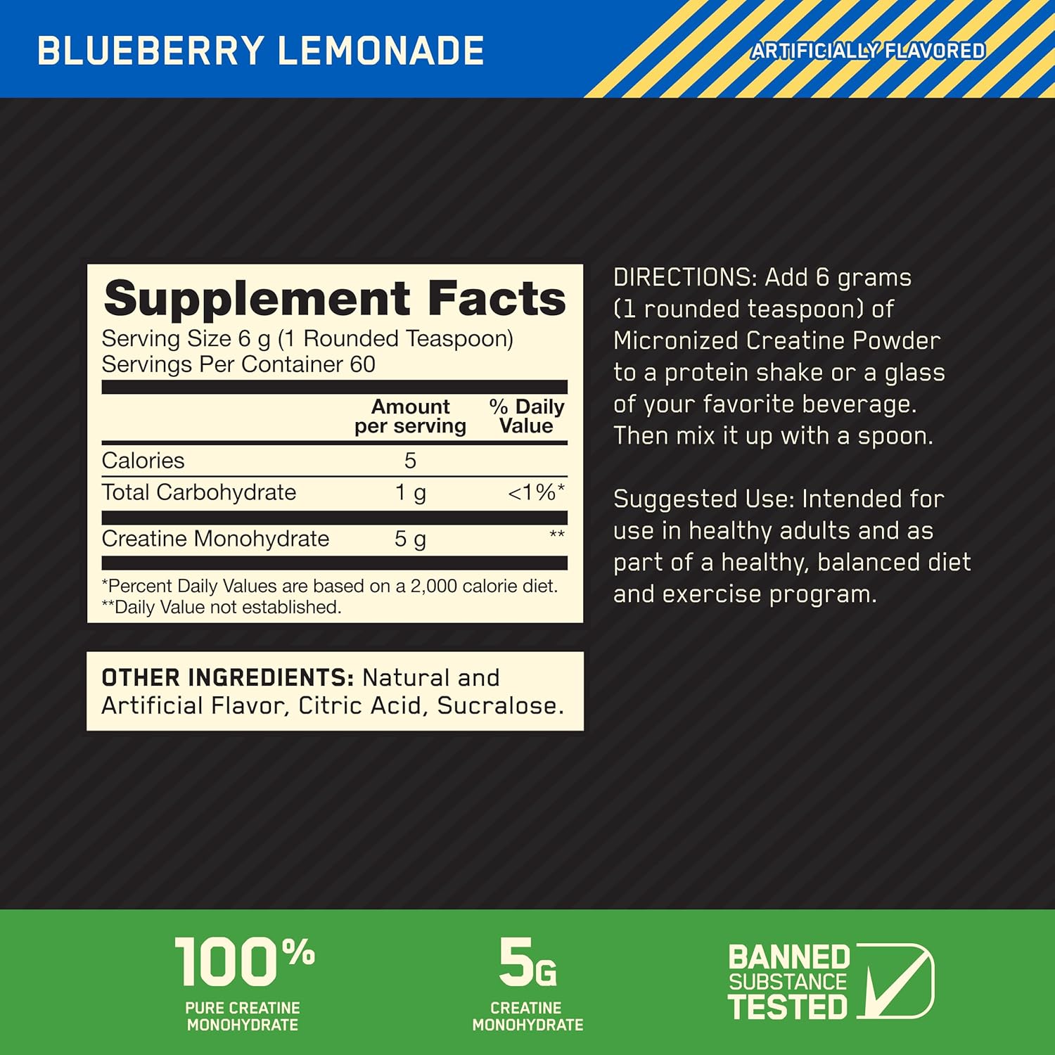 Optimum Nutrition Micronized Creatine Blueberry Lemonade 360 Grams 60 Servings - Image 8