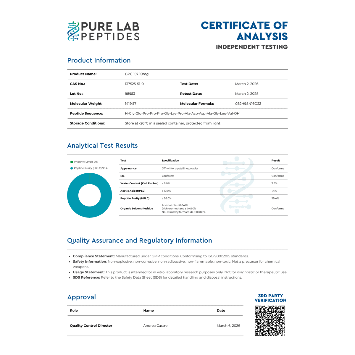 BPC-157 research compound 10mg by Pure Lab Peptides